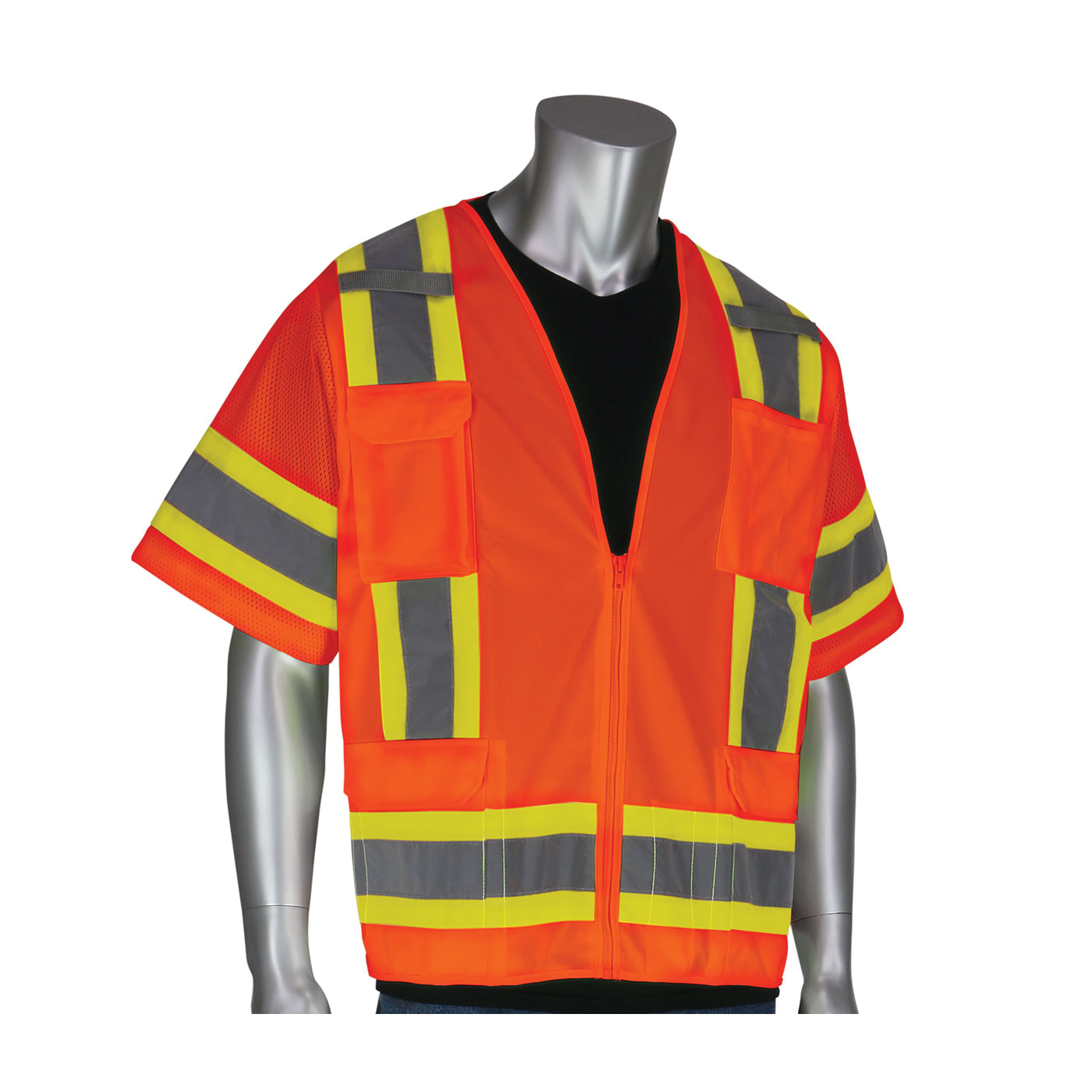 PIP® 303-0500-OR 2-Tone Surveyor Safety Vest, Hi-Viz Orange, Polyester Mesh/Solid Tricot, Zipper Closure, 11 Pockets, ANSI Class: Class 3, ANSI 107 Type R