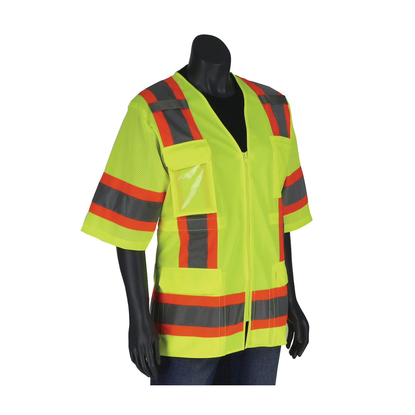 PIP® 303-0513-LY/XL 2-Tone Contoured Surveyor's Vest With Solid Front and Mesh Back, XL, Hi-Vis Yellow, 100% Polyester Mesh/Solid Tricot Knit, Zipper Closure, 11 Pockets, ANSI Class: Type/Class R3