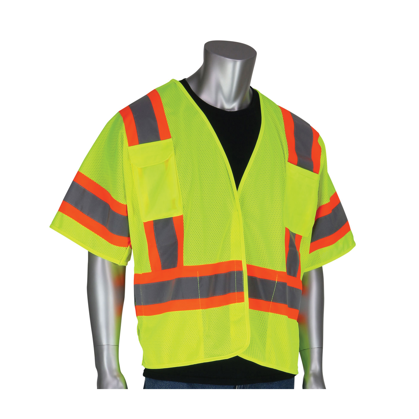 PIP® 303-5PMTT-LY/4X 2-Tone Safety Vest, 4XL, Hi-Viz Lime Yellow, Polyester Mesh, Hook and Loop Closure, 4 Pockets, ANSI Class: Class 3, Specifications Met: ANSI 107 Type R