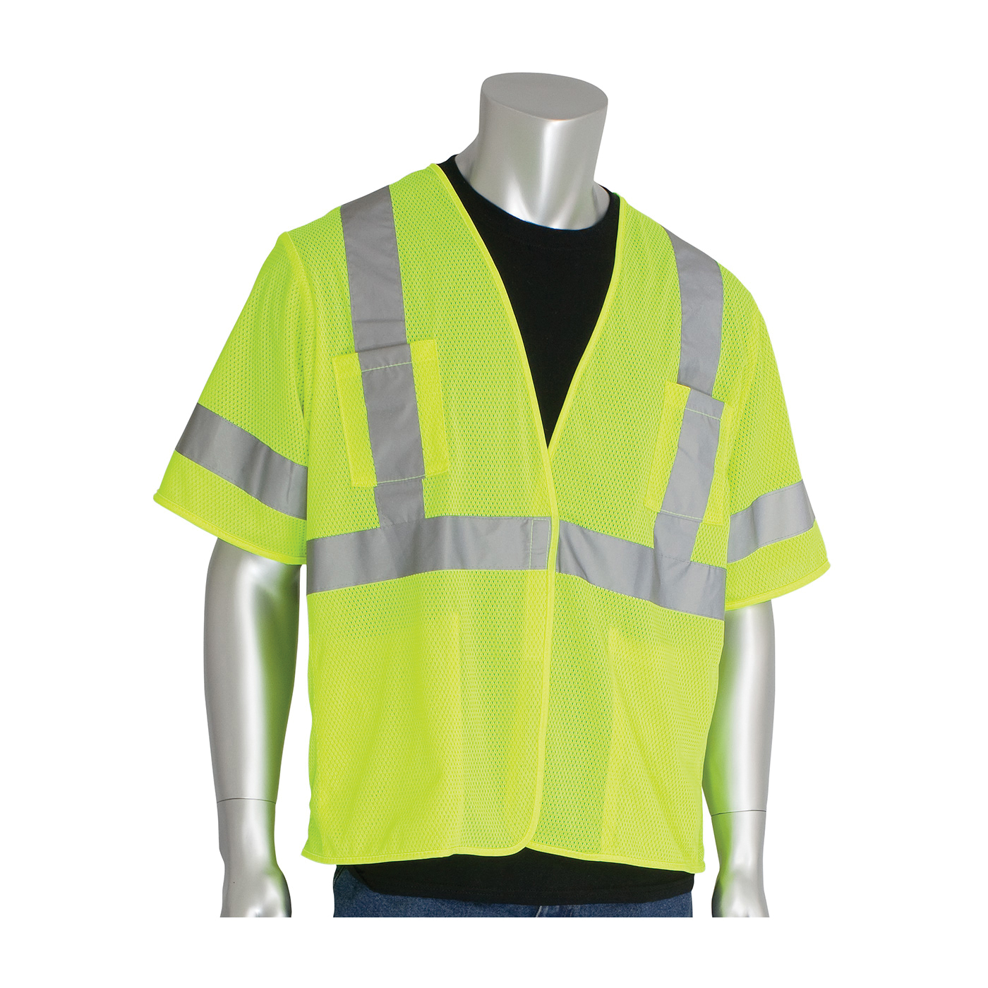 PIP® 303-HSVELY-4X Safety Vest, 4XL, Hi-Viz Lime Yellow, Polyester Mesh, Hook and Loop Closure, 4 Pockets, ANSI Class: Class 3, ANSI 107 Type R