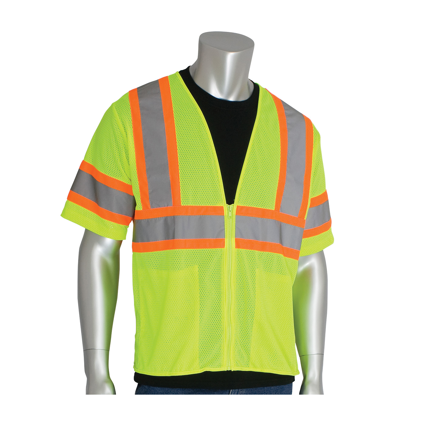 PIP® 303-HSVPLY- 2-Tone Safety Vest, Hi-Viz Lime Yellow, Polyester Mesh, Zipper Closure, 2 Pockets, ANSI Class: Class 3, Specifications Met: ANSI 107 Type R