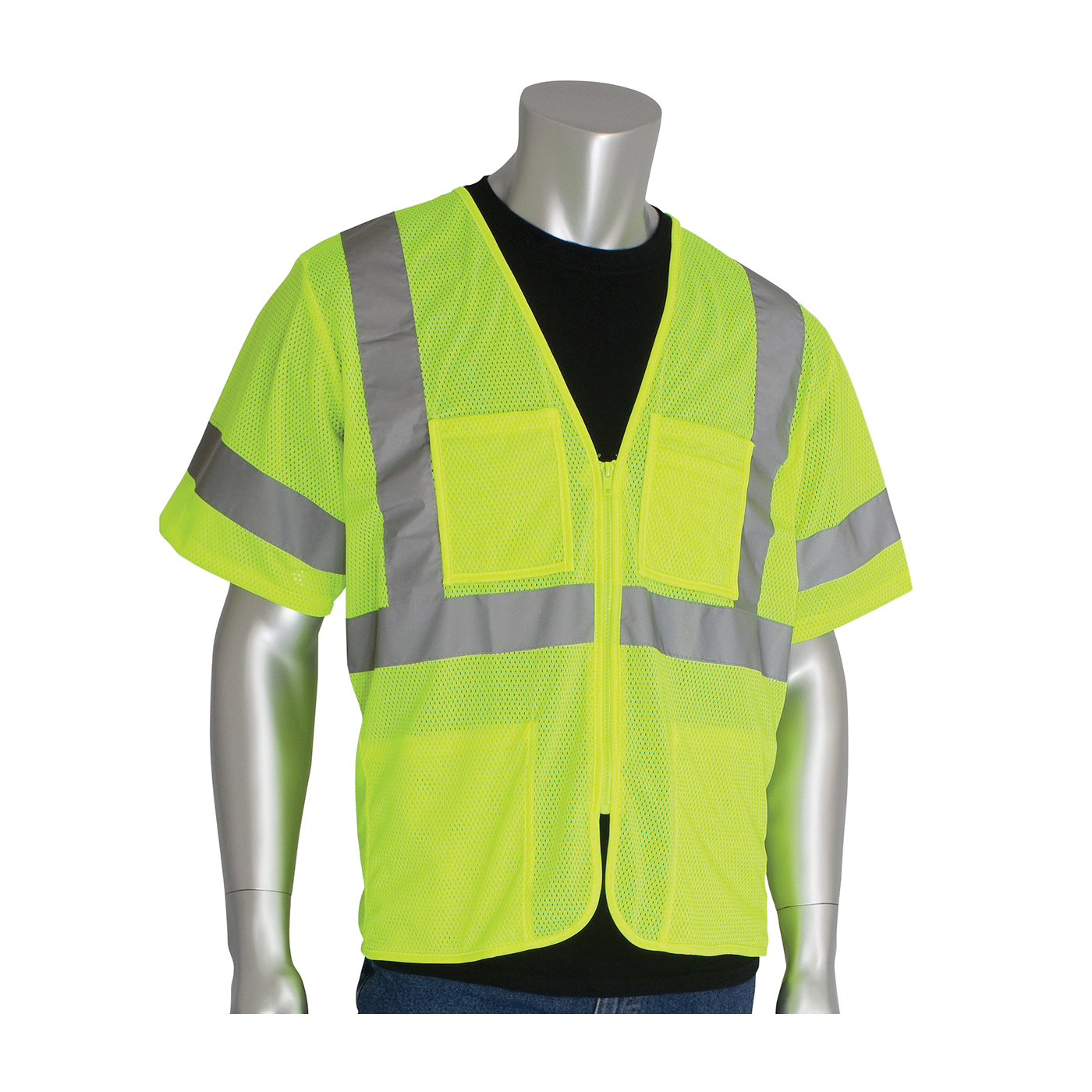 PIP® 303-MVGZ4P-LY/XL Safety Vest, XL, Hi-Viz Lime Yellow, Polyester Mesh, Zipper Closure, 4 Pockets, ANSI Class: Class 3, Specifications Met: ANSI 107 Type R