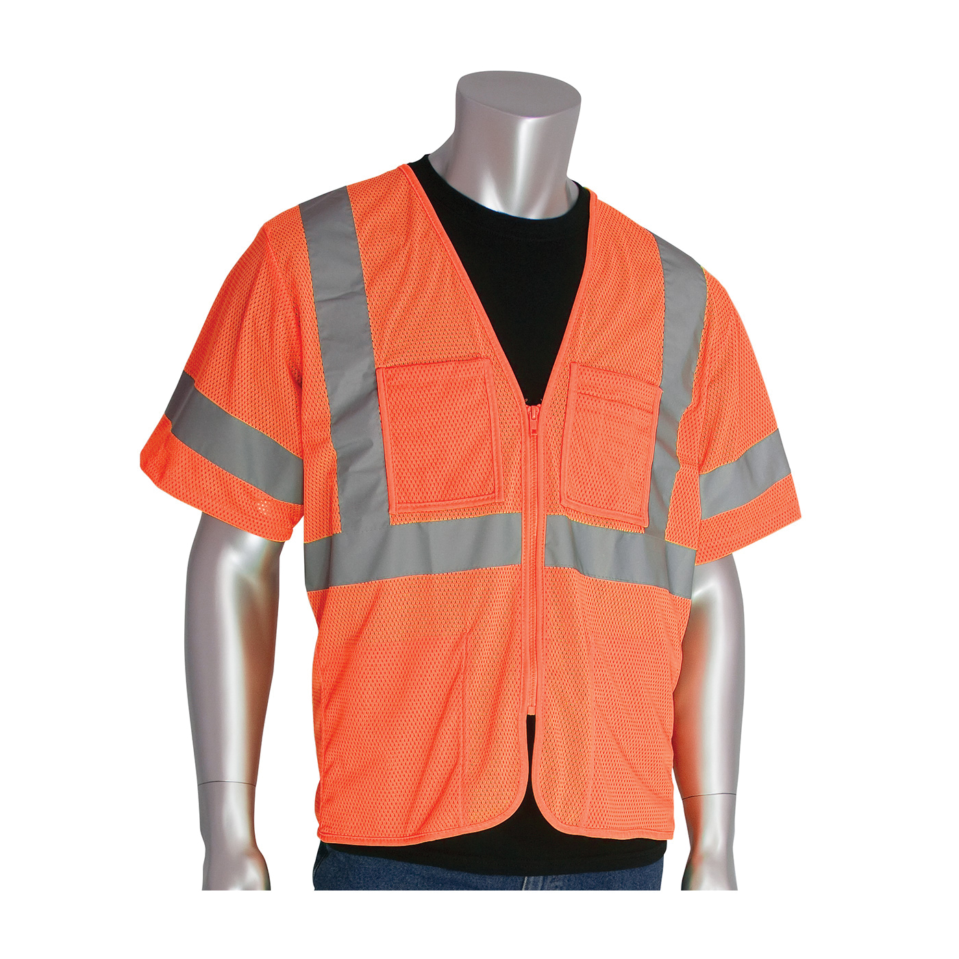 PIP® 303-MVGZ4P-OR/5X Safety Vest, 5XL, Hi-Viz Orange, Polyester Mesh, Zipper Closure, 4 Pockets, ANSI Class: Class 3, Specifications Met: ANSI 107 Type R