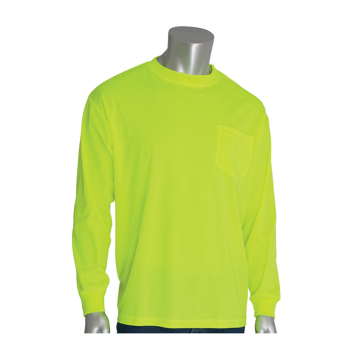 PIP® 310-1100-LY/5X Long Sleeve T-Shirt, 5XL, Hi-Viz Lime Yellow, Bird's Eye Polyester