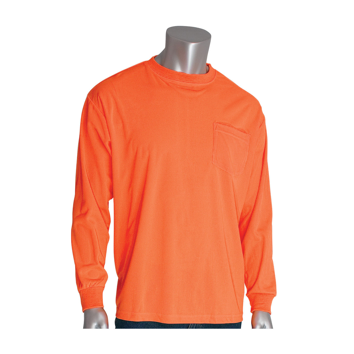 PIP® 310-1100-OR/M Long Sleeve T-Shirt, M, Hi-Viz Orange, Bird's Eye Polyester