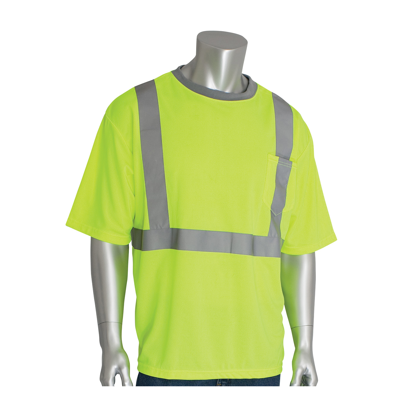 PIP® 312-1200-LY/L Short Sleeve Crew Neck T-Shirt With Reflective, L, Hi-Viz Lime Yellow, Bird's Eye Polyester, 31.1 in L