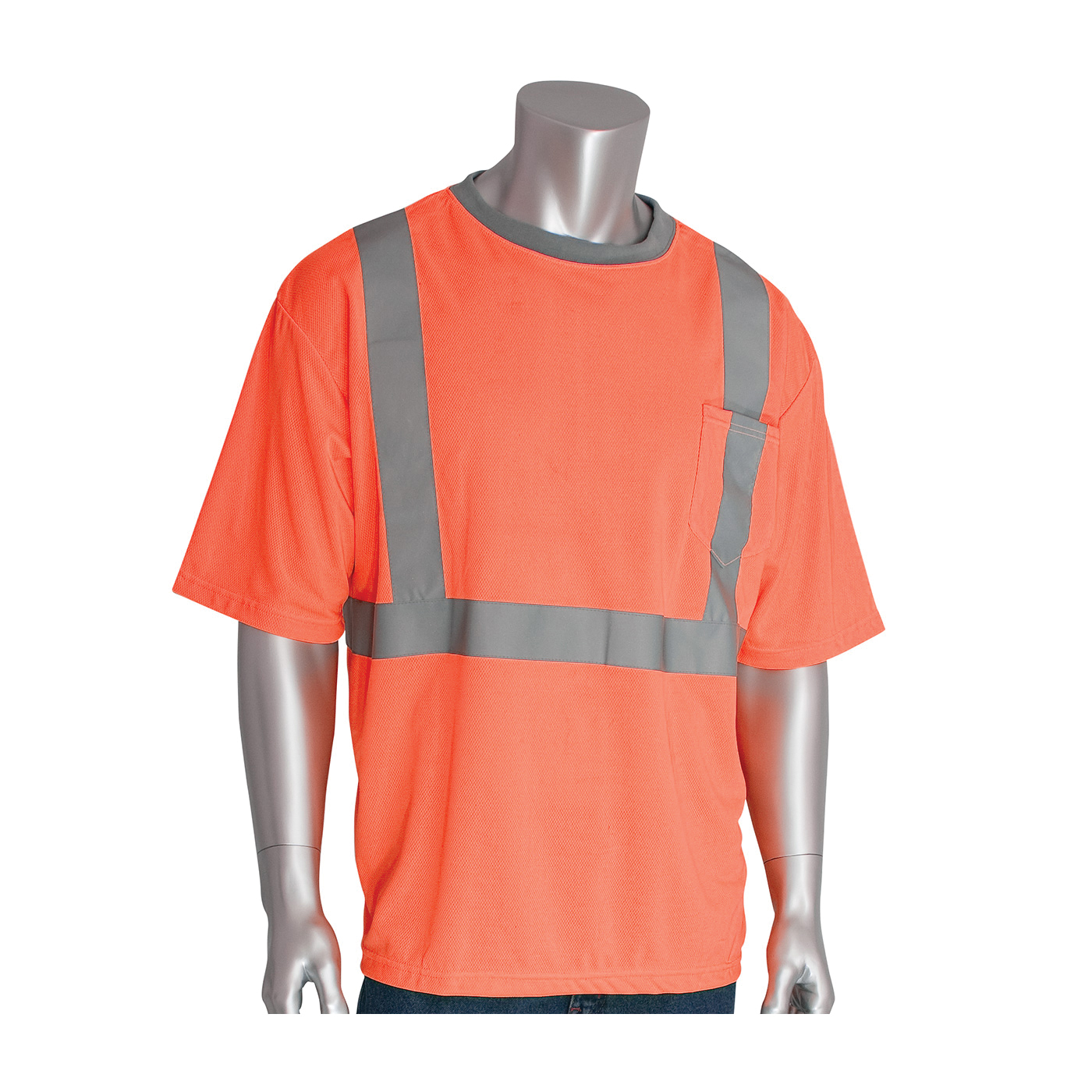 PIP® 312-1200-OR/S Short Sleeve Crew Neck T-Shirt With Reflective, S, Hi-Viz Orange, Bird's Eye Polyester, 27-1/2 in L