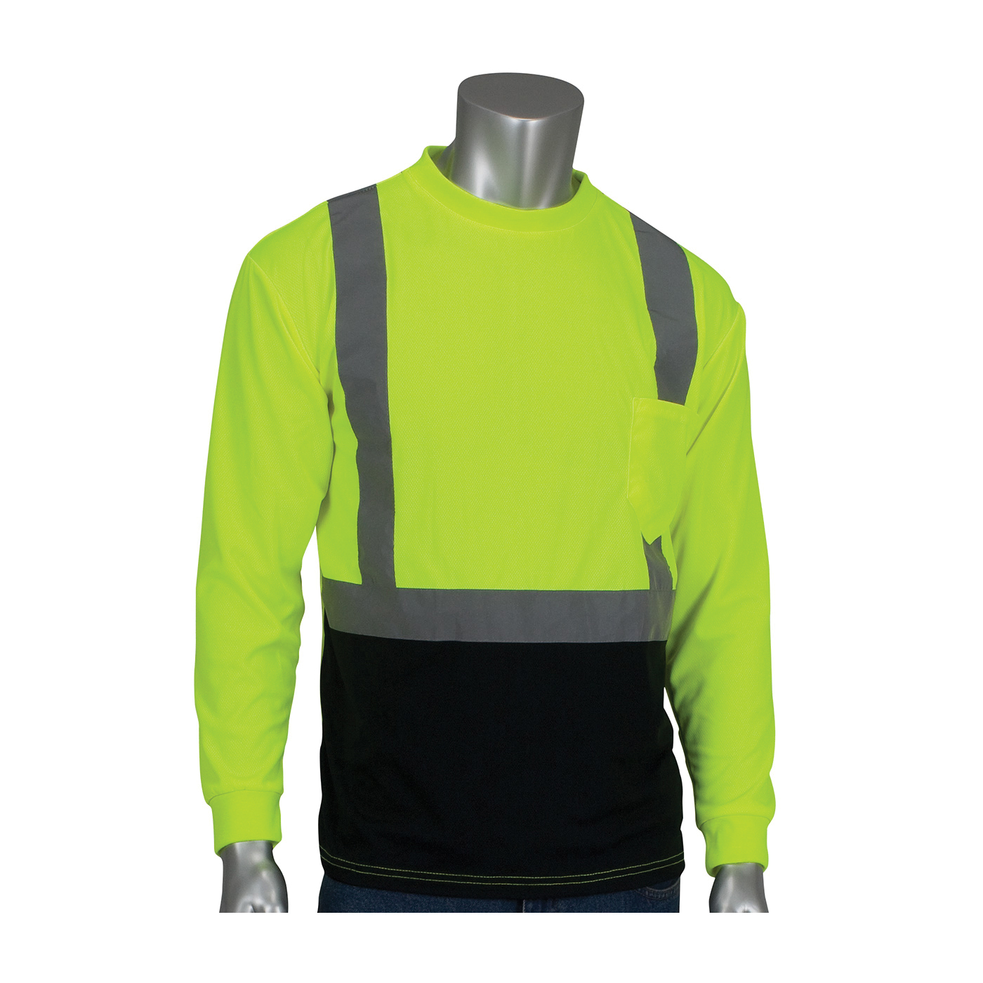 PIP® 312-1350B-LY/S Long Sleeve Crew Neck T-Shirt, S, Hi-Viz Lime Yellow, 27-1/2 in L, Polyester