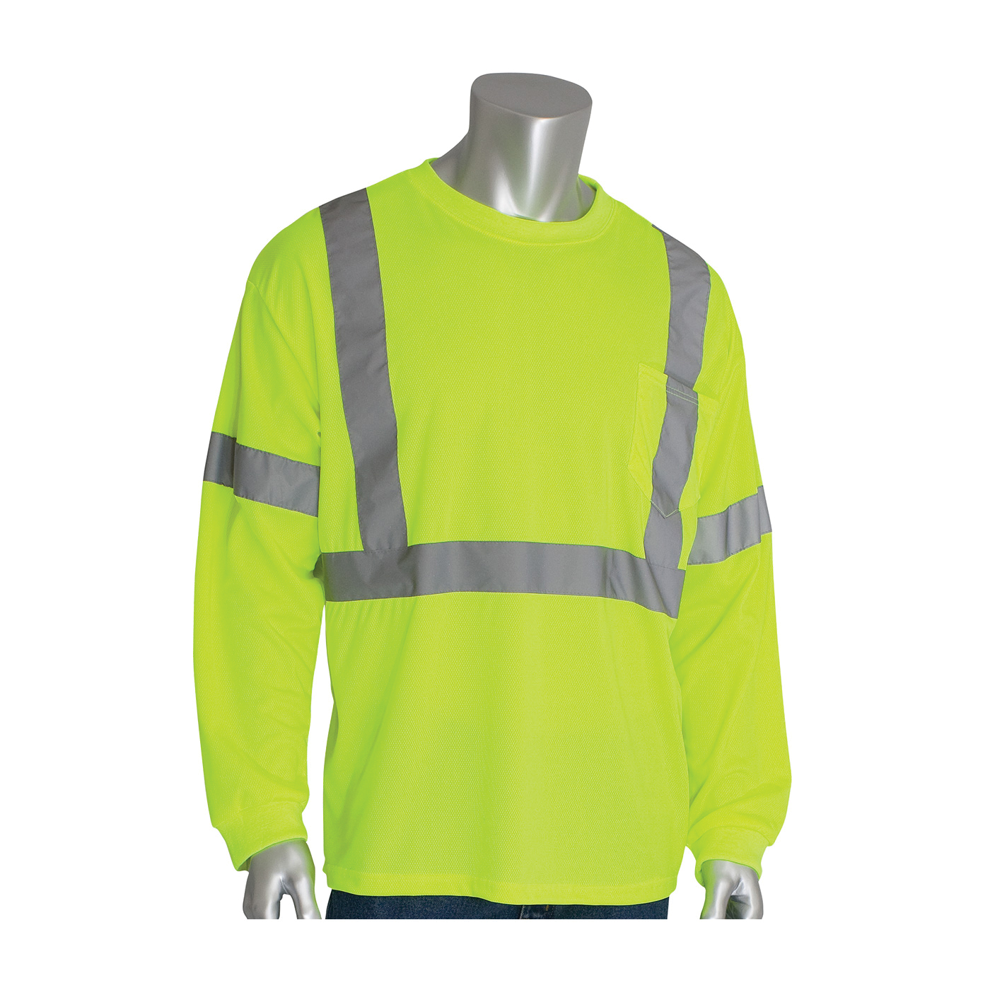 PIP® 313-1300-LY/S Long Sleeve Crew Neck T-Shirt, S, Hi-Viz Lime Yellow, Bird's Eye Polyester, 27-1/2 in L