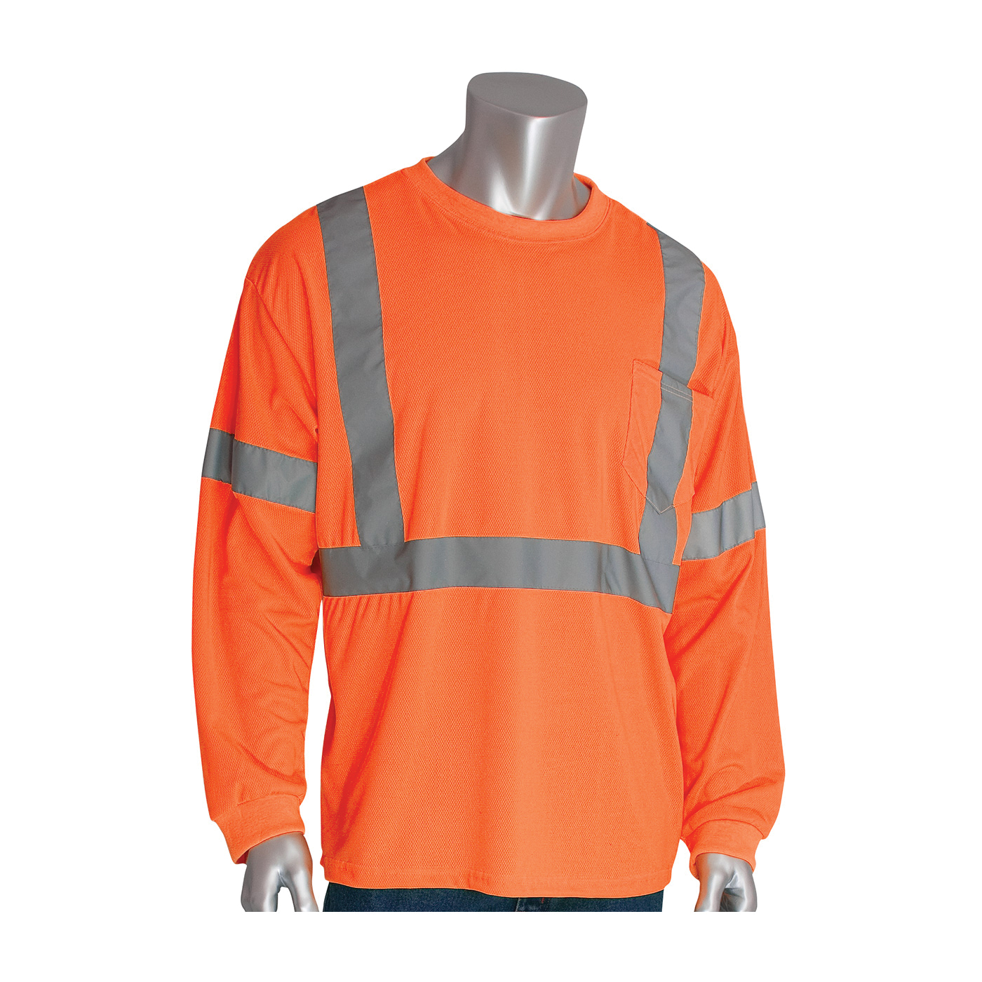 PIP® 313-1300-OR/2X Long Sleeve Crew Neck T-Shirt, 2XL, Hi-Viz Orange, Bird's Eye Polyester, 30.7 in L