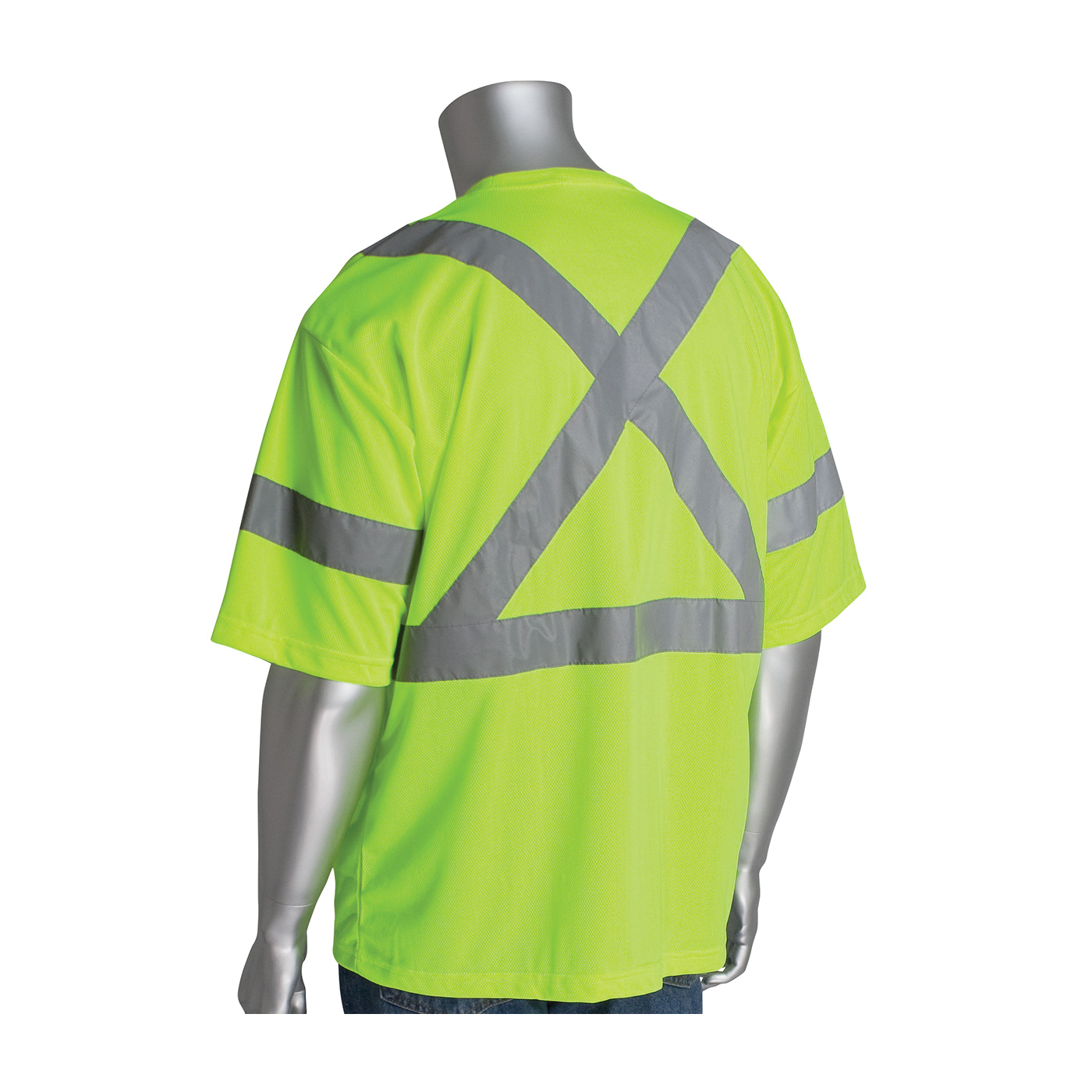 PIP® 313-1400-LY/XL Short Sleeve X-Back Crew Neck T-Shirt, XL, Hi-Viz Lime Yellow, 30 in L, Bird's Eye Polyester