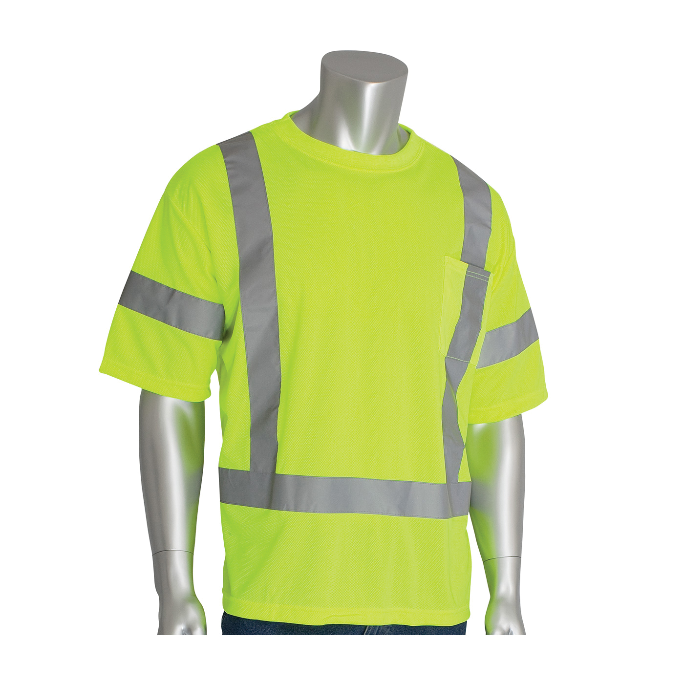 PIP® 313-CNTSELY Short Sleeve Crew Neck T-Shirt, S, Hi-Viz Lime Yellow, 30.3 in L, Bird's Eye Polyester