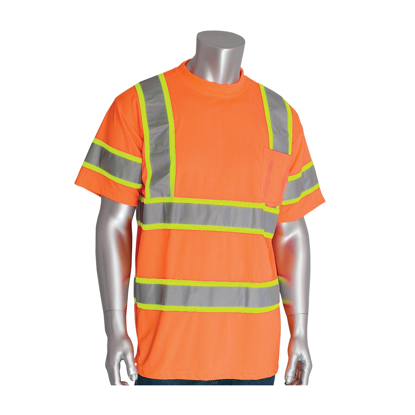 PIP® 313-CNTSPOR-5X 2-Tone Short Sleeve Crew Neck T-Shirt, 5XL, Hi-Viz Orange, 35 in L, Bird's Eye Polyester