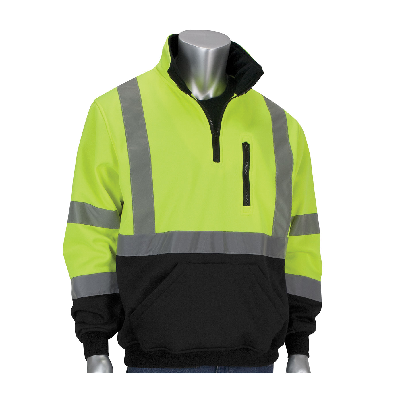 PIP® 323-1330B-LY/2X Sweatshirt With Black Bottom, Unisex, 2XL, Lime Yellow, 31-1/2 in L, Polyester Fleece