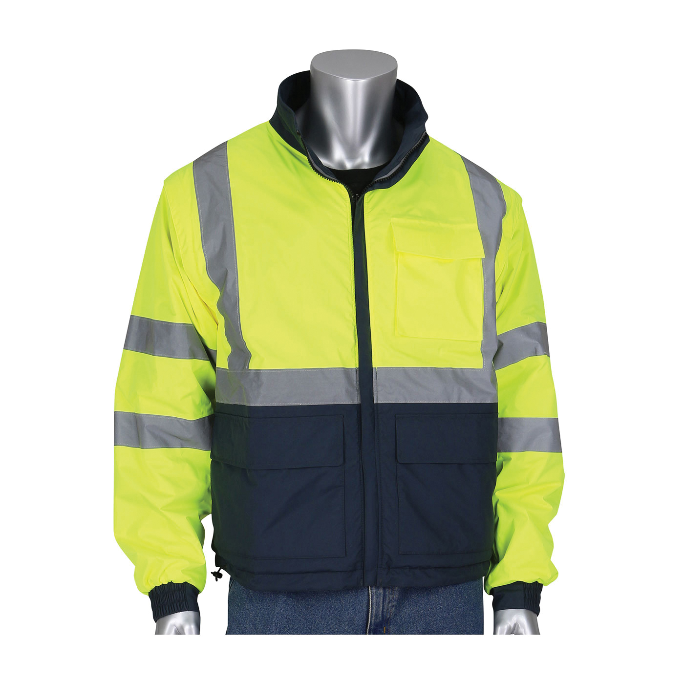 PIP® 333-1500-R/S 333-1500-R 4-in-1 Multi-Seasonal Lightweight Reversible Windbreaker Jacket With Detachable Sleeves, Dark Gray/Hi-Viz Lime Yellow, Polyester, 46-1/2 in Chest, Resists: Water, ANSI 107 Type R Class 3