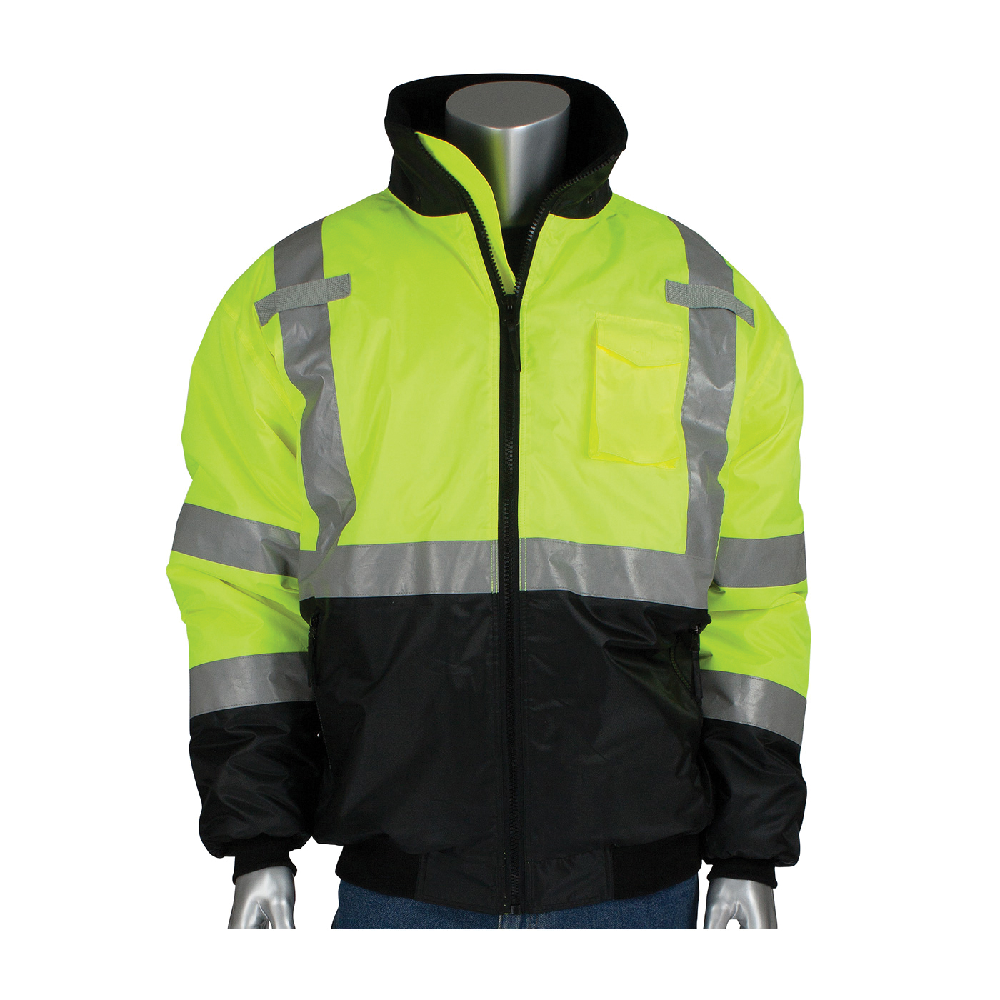 PIP® 333-1740-LY/2X Bomber Jacket, Black/Hi-Viz Lime Yellow, Polyester, 63 in Chest, Resists: Water, ANSI Type R Class 3