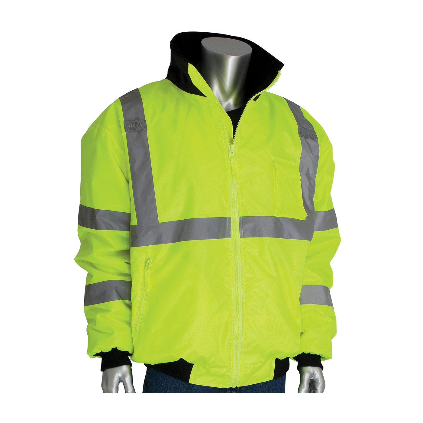 PIP® 333-1762-LY/5X Bomber Jacket With Zip-Out Fleece Liner, Hi-Viz Lime Yellow, Polyester, 74 in Chest, Resists: Water, Specifications Met: ANSI 107 Class 3 Type R