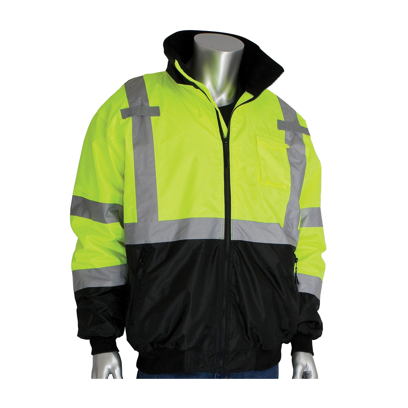 PIP® 333-1766-LY/6X Bomber Jacket With Zip-Out Fleece Liner, Hi-Viz Lime Yellow, Polyester, 78 in Chest, Resists: Water, Specifications Met: ANSI 107 Class 3 Type R
