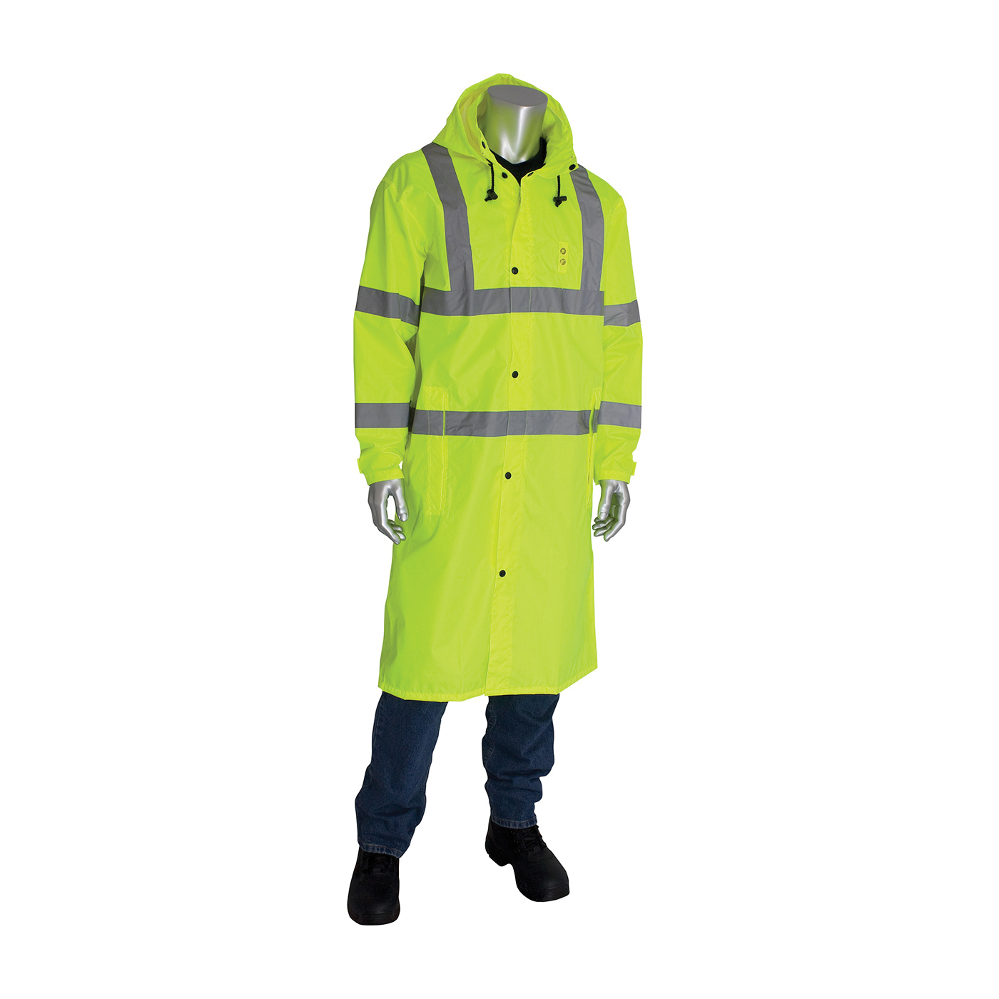 PIP® FALCON™ Viz™ 353-1048-LY/M All Purpose Waterproof Rain Coat, M, Hi-Viz Lime Yellow, 150D Polyester Coated with Polyurethane, Resists: Water, ANSI 107 Type R Class 3, Concealed Hood