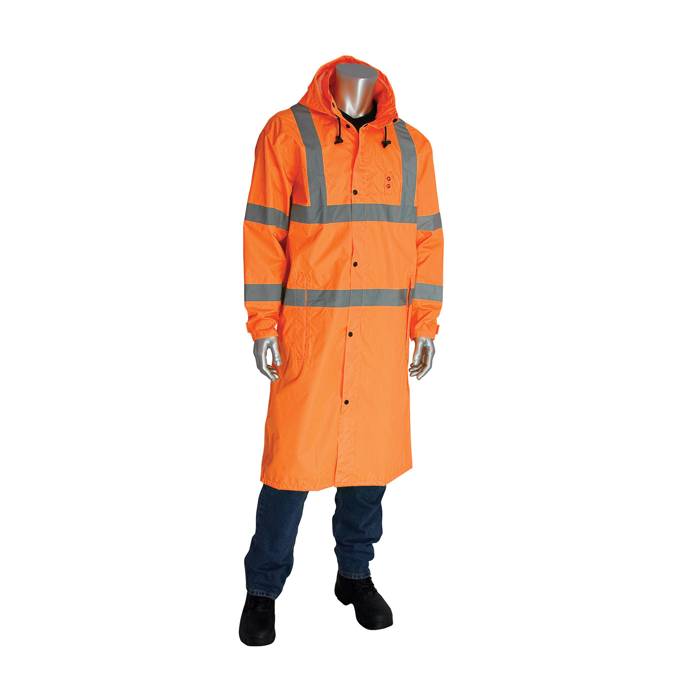 PIP® FALCON™ Viz™ 353-1048-OR/5X All Purpose Waterproof Rain Coat, 5XL, Hi-Viz Orange, 150D Polyester Coated with Polyurethane, Resists: Water, ANSI 107 Type R Class 3, Concealed Hood