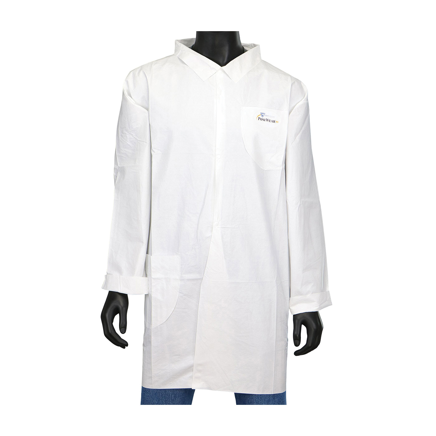 PIP® 3620/L 3620 BA Lab Coat, L, White, Polypropylene/Polyethylene, 37-1/2 in L, Front Snap Closure, 2 Pockets, ANSI Specified, ASTM 1670, NFPA 99