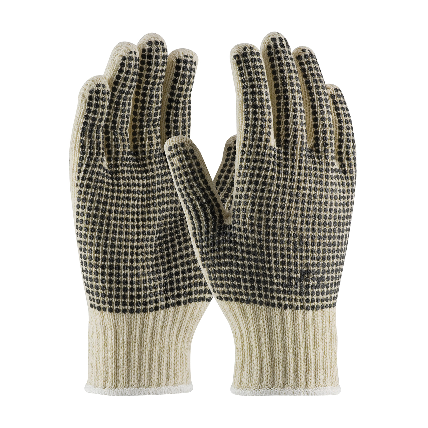 PIP® 37-C110PDD/XS Gloves, Coated, Seamless Knit Style, XS, PVC Palm, 7 ga Cotton/Polyester, Black/Natural, Continuous Knit Wrist Cuff, PVC Coating, Resists: Abrasion, Cotton/Polyester Lining