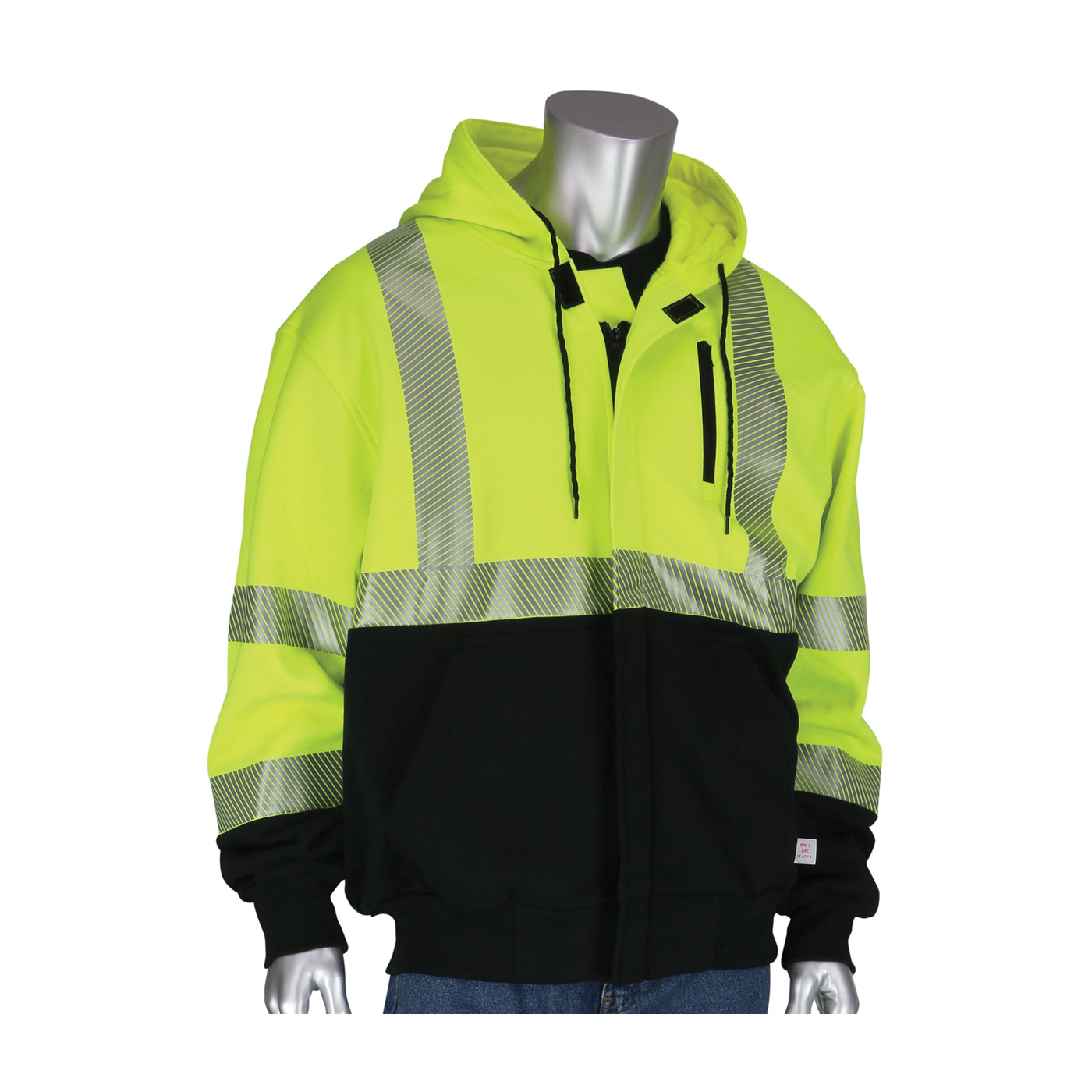 PIP® 385-1370FR-LY/2X 385-1370FR Arc and Flame Resistant Hooded Sweatshirt With Black Bottom, Unisex, 2XL, Hi-Viz Yellow/Black, 60% Modacrylic/40% Cotton, 31 in L