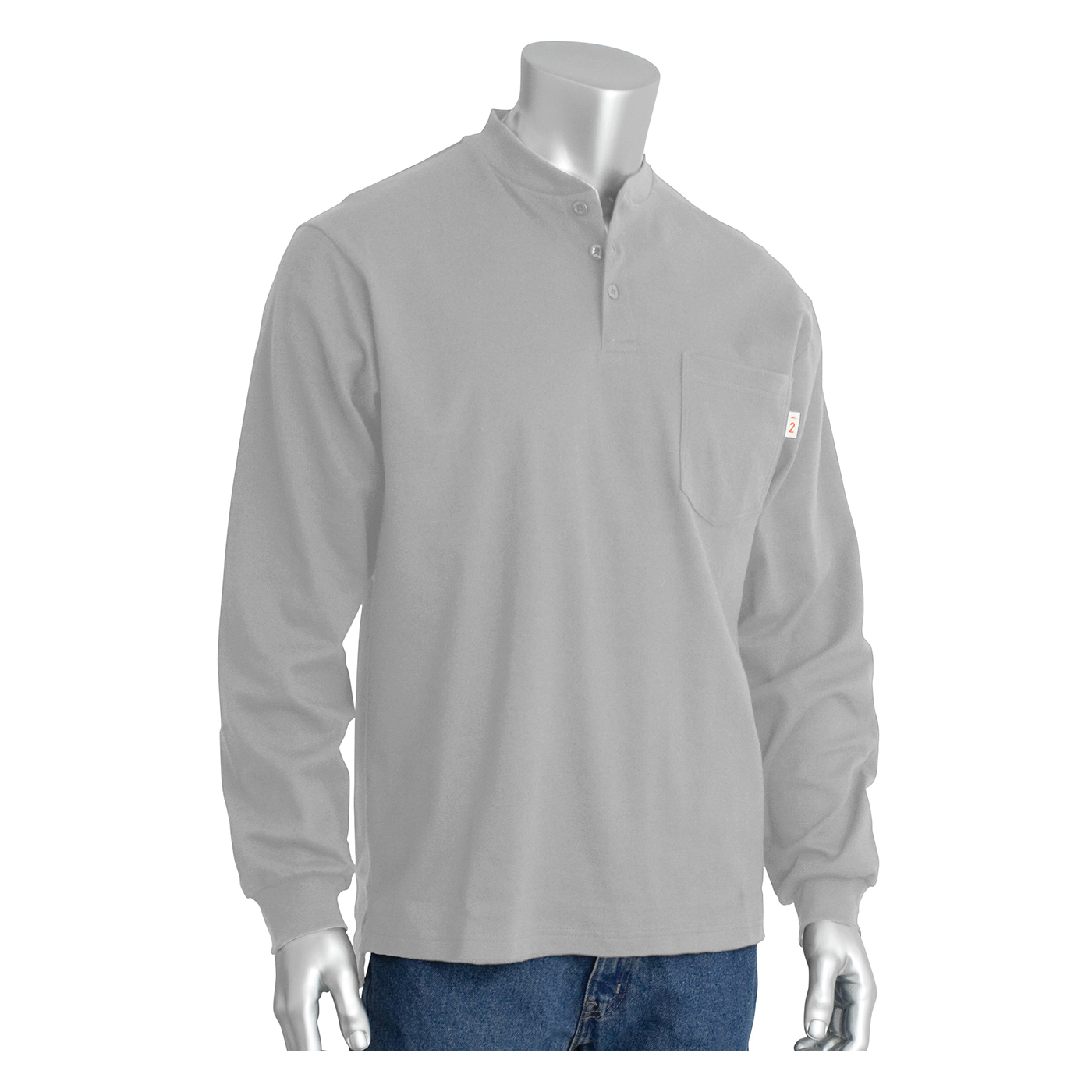 PIP® 385-FRHN-(LG)-2X Arc and Flame-Resistant Long Sleeve Henley Shirt, 2XL, Light Gray, Cotton Interlock Knit, 33-1/2 in L
