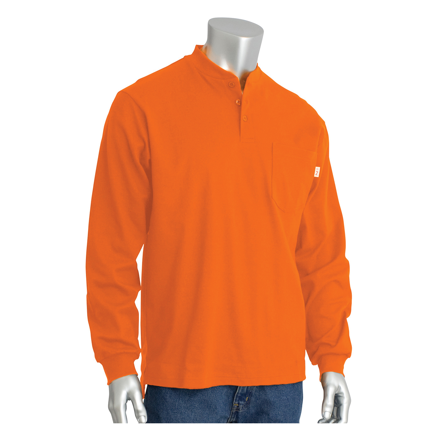 PIP® 385-FRHN-(OR)-L Arc and Flame-Resistant Long Sleeve Henley Shirt, L, Orange, Cotton Interlock Knit, 31 in L