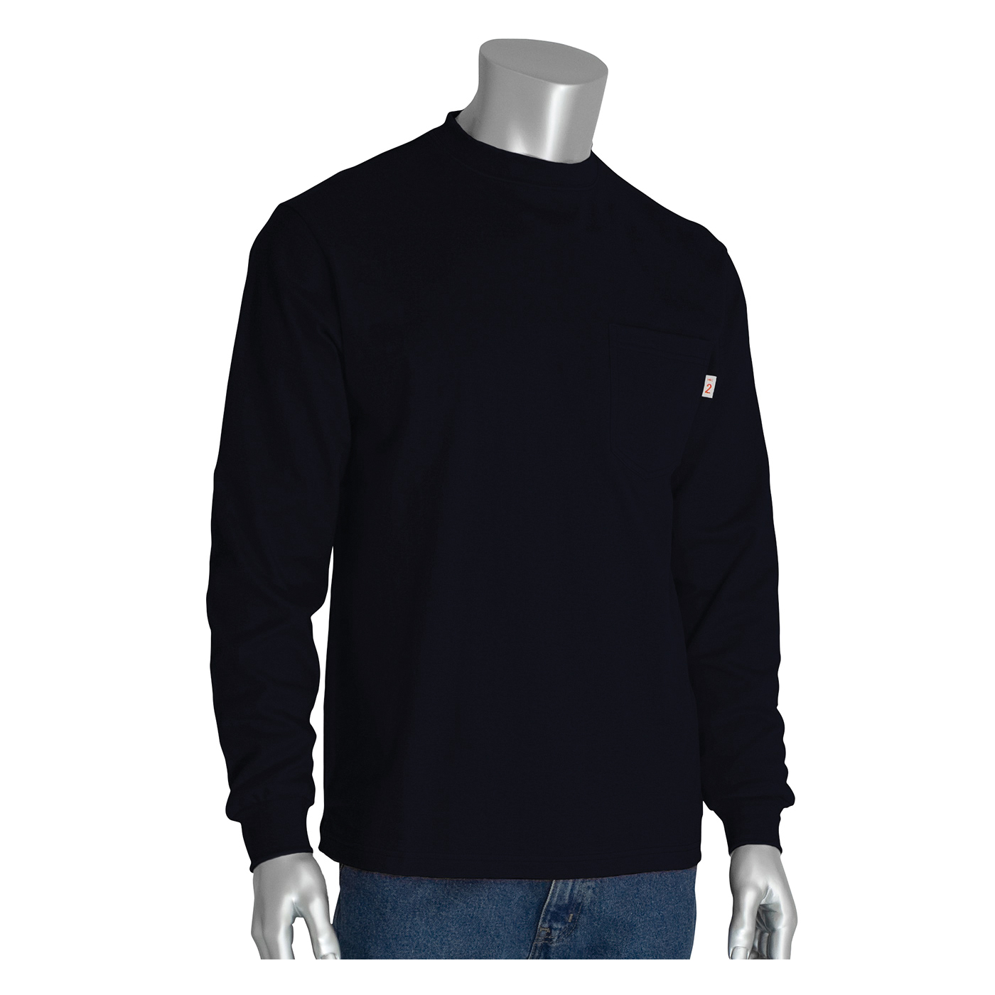 PIP® 385-FRLS-(NV)-M Arc and Flame-Resistant Long Sleeve T-Shirt, M, Navy, Cotton Interlock Knit, 31 in L