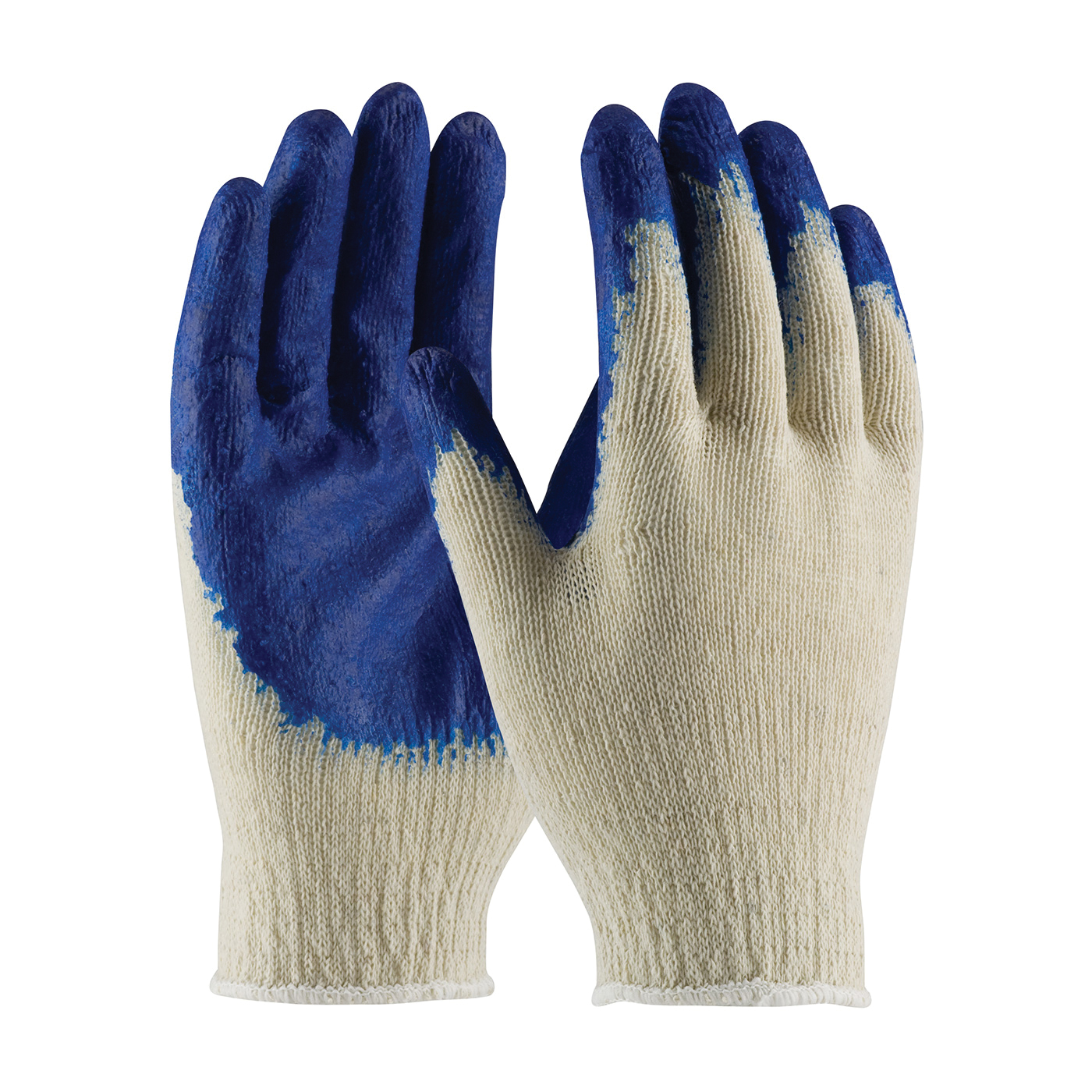 PIP® 39-C120/L Economy Grade Medium Weight Gloves, Coated, Seamless Knit Style, L, Latex Palm, Cotton/Polyester, Blue/Natural, Continuous Knit Wrist Cuff, Latex Coating, Resists: Abrasion, Cut, Puncture and Tear, Unlined Lining