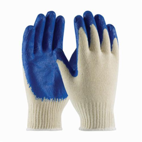 PIP® 39-C122 Regular Grade General Purpose Gloves, Coated, Latex Palm, Cotton/Polyester, Blue/Natural, Continuous Knit Wrist Cuff, Natural Rubber Latex Coating, Resists: Abrasion, Cotton/Polyester Lining, Full Finger/Seamless
