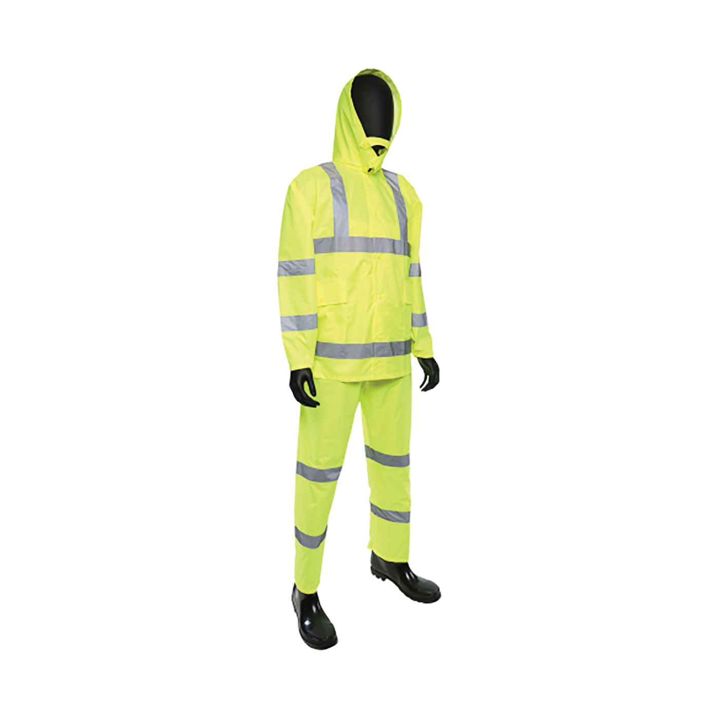 PIP® 4033/L 3-Piece Rainsuit, L, Fluorescent Lime Green/Reflective Stripe, Polyester Oxford/Polyurethane Coated, 48 in Waist, 30-1/2 in L Inseam, Detachable Hood
