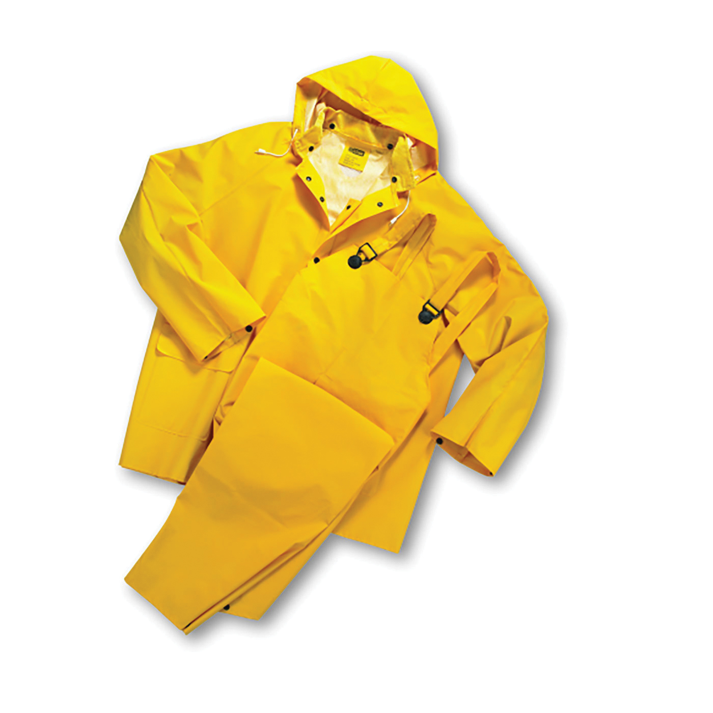 PIP® 4035/S 3-Piece Rainsuit, S, Yellow, Polyester/PVC, 44 in Waist, 29-1/2 in L Inseam, Drawstring Hood
