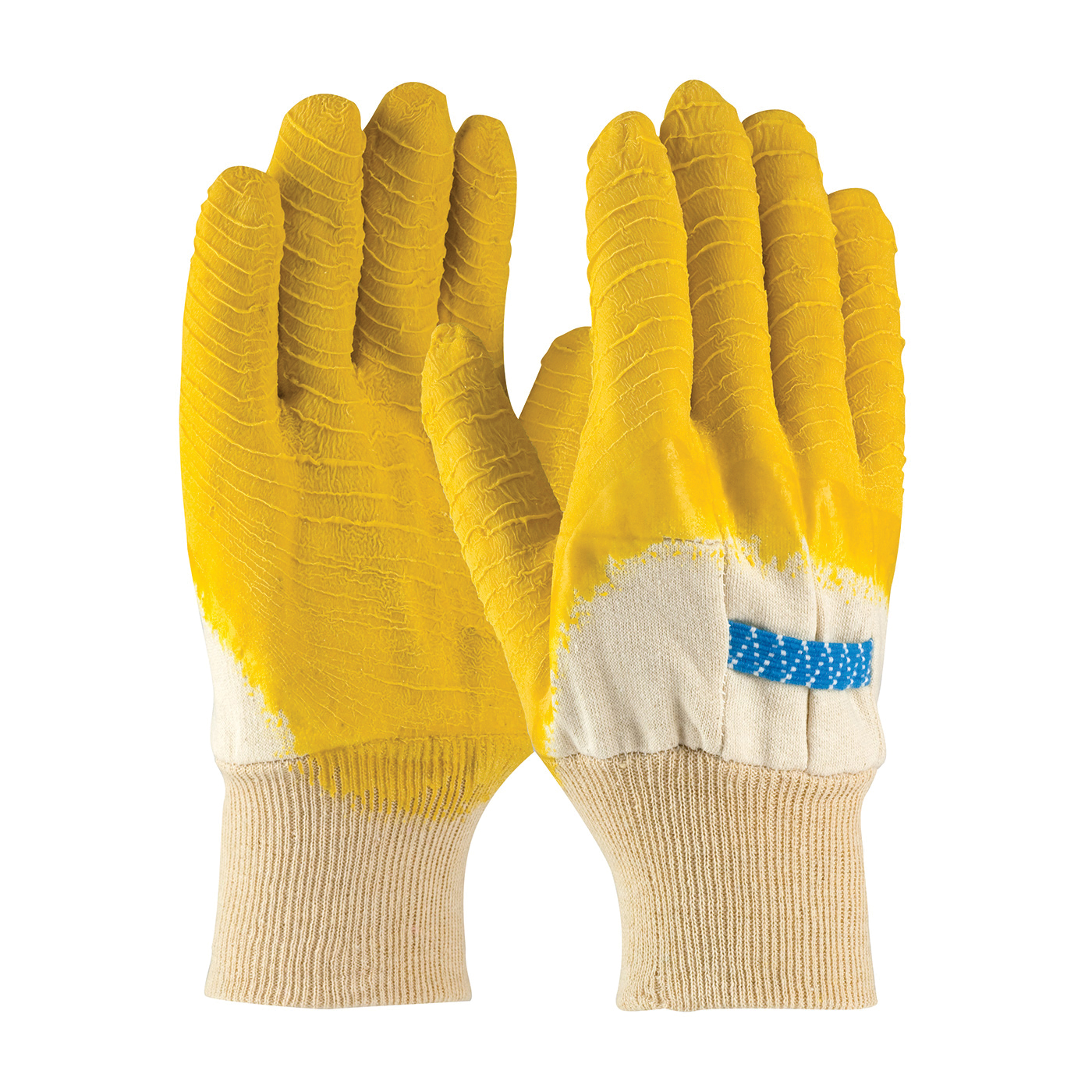 PIP® Armor® 55-3271 Men's General Purpose Gloves, Fabric/Work, Clute Cut/Straight Thumb Style, L, Cotton/Natural Rubber Latex Palm, Cotton/Natural Rubber Latex, White/Yellow, Knit Wrist Cuff, Latex Coating, Resists: Abrasion, Jersey Lining