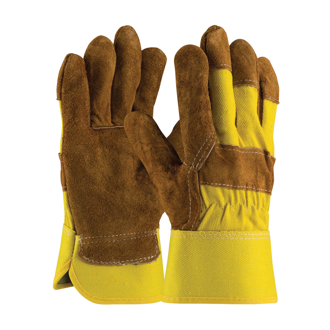 PIP® 85-7513P Economy Economy Grade Men's General Purpose Gloves, Leather Palm/Work, Gunn Cut/Full Finger/Wing Thumb Style, L, Shoulder Split Cowhide Leather Palm, Shoulder Split Cowhide Leather, Hi-Viz Yellow/Red, Rubberized Safety Cuff, Uncoated Coating