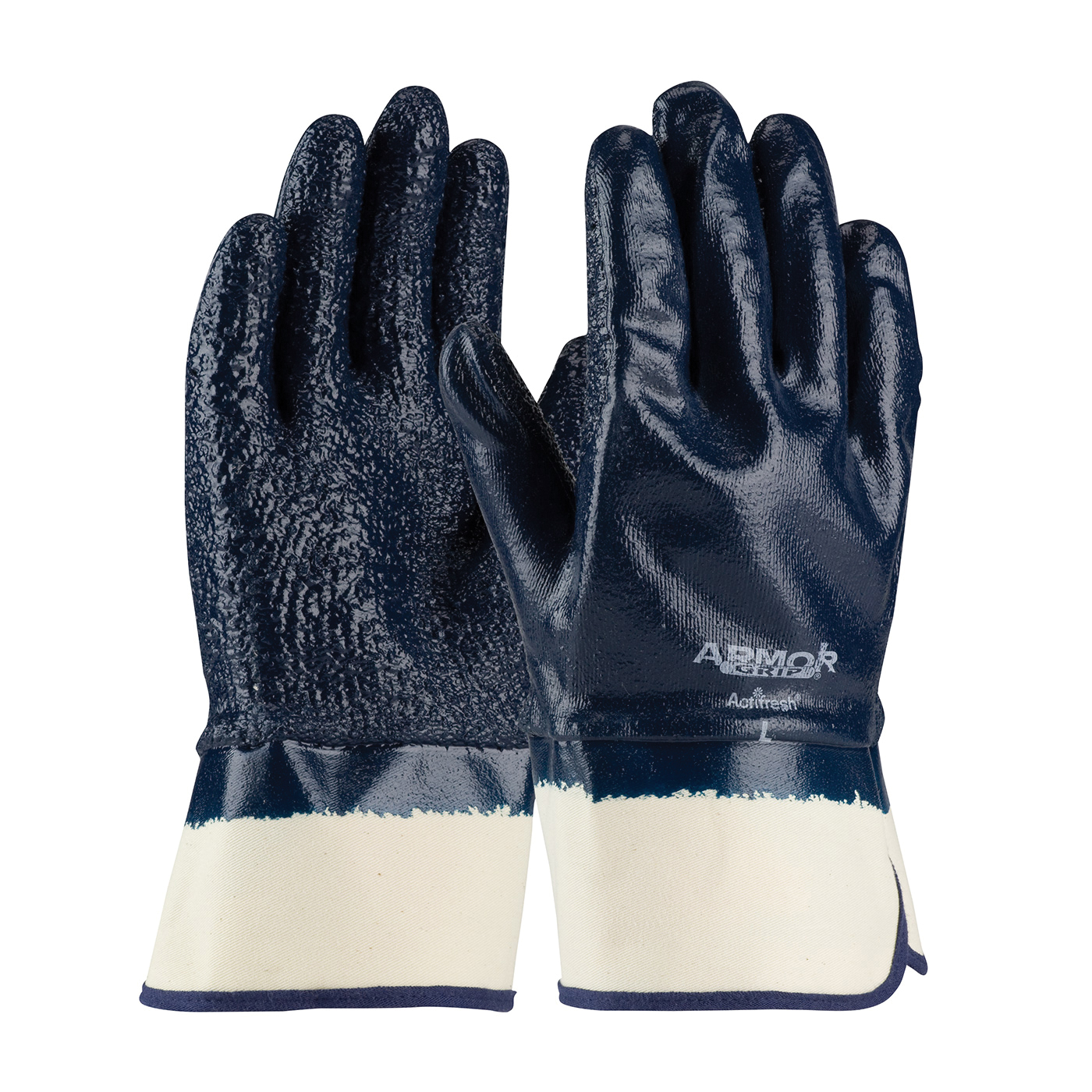 PIP® ArmorGrip® 56-3147/L Dipped Fully Coated Gloves, L, Cotton/Nitrile, Blue, Terry Cloth Lining, 10.8 in L, Resists: Abrasion and Cut, Supported Support, Plasticized Safety Cuff, 3 mm THK