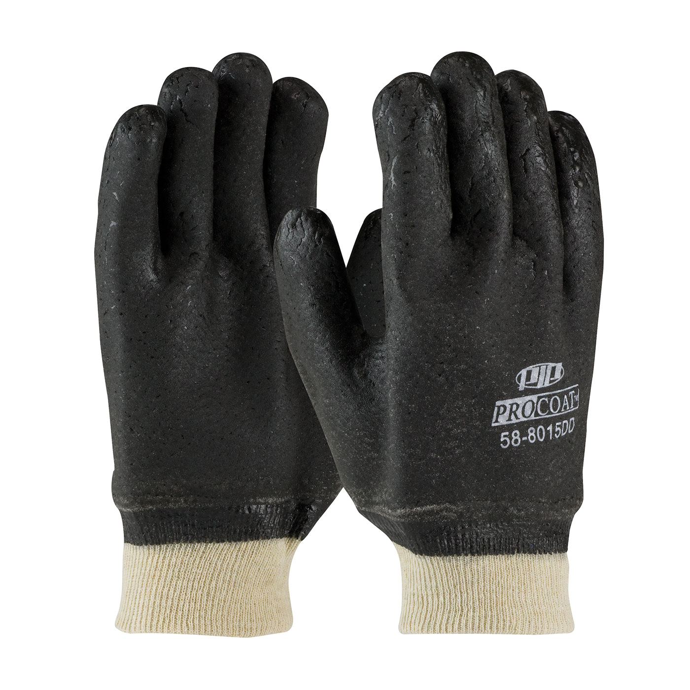 PIP® ProCoat® 58-8015DD Double Dipped Men's Chemical-Resistant Gloves, Universal, Cotton/PVC, Black, Jersey Lining, 9.8 in L, Resists: Abrasion, Cut, Puncture and Tear, Supported Support, Knit Wrist Cuff