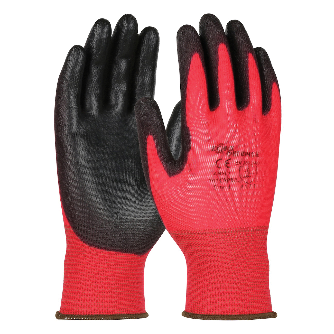PIP® 701CRPB/S Unisex General Purpose Gloves, Coated/Work, Seamless Style, S, Polyurethane Palm, Nylon, Black/Red, Ribbed Knit Wrist Cuff, Polyurethane Coating, Resists: Cut and Puncture