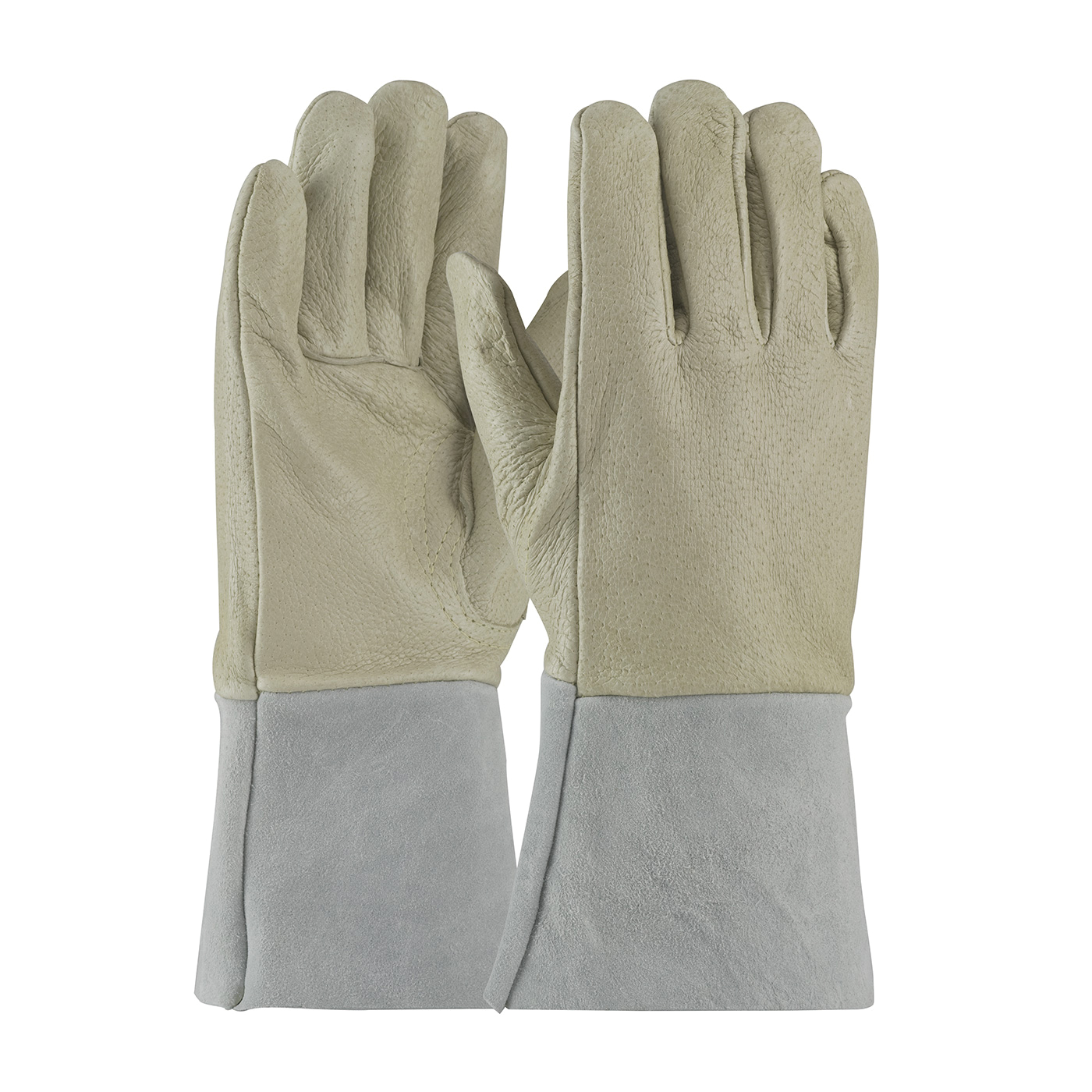PIP® 75-320/L Men's MIG/TIG Welding Gloves, L, Top Grain Pig Skin Leather/Cowhide Split Leather/Kevlar® Stitching, Beige/Gray, Unlined, Full Leather Gauntlet Cuff, 12 in L, 1.1 mm Glove Material Thickness