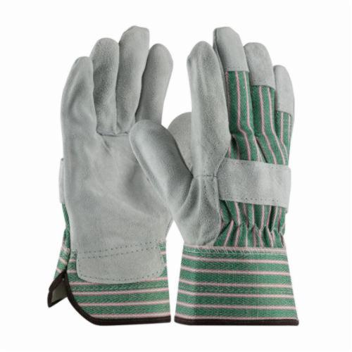 PIP® 83-6563 Bronze B-Grade General Purpose Gloves, Leather Palm, Shoulder Split Cowhide Leather Palm, 75% Cowhide Leather/25% Cotton, Gray/Green/Pink, Rubberized Safety Cuff, Uncoated Coating, Resists: Water, Cotton Lining, Gunn Cut/Wing Thumb