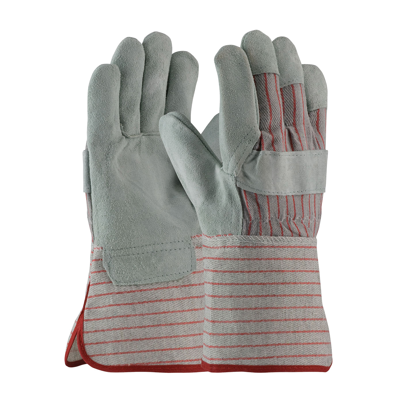PIP® 85-7612S Economy B/C-Grade Men's General Purpose Gloves, Leather Palm/Work, Gunn Cut/Full Finger/Wing Thumb Style, Shoulder Split Cowhide Leather Palm, 75% Leather/25% Cotton, Gray/Red, Starched Gauntlet Cuff, Uncoated Coating, Cotton Lining
