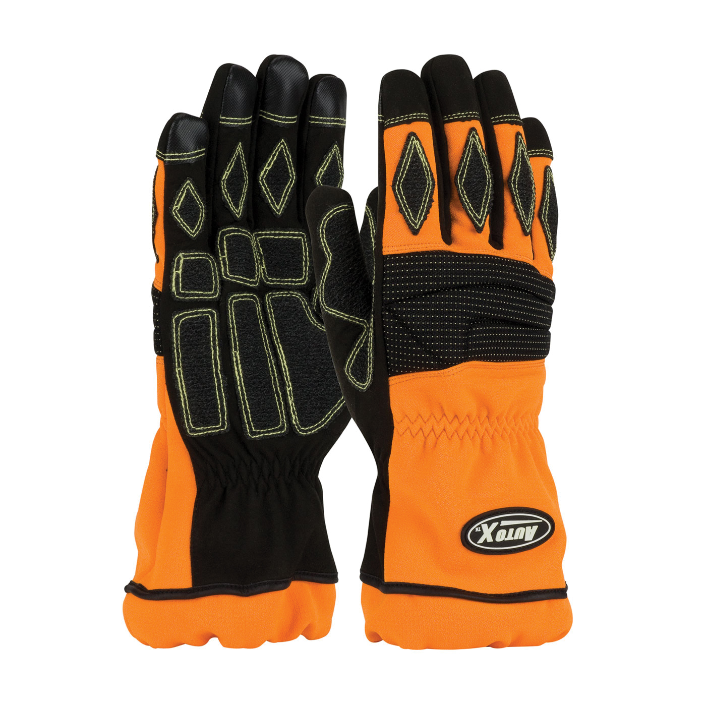 PIP® AutoX™ 911-AX9/L Extrication Gloves, L, Kevlar®, Polyurethane, Black/Orange, Unlined Lining, Open Cuff, 10.8 in L, Resists: Abrasion, Heat, Puncture and Melt