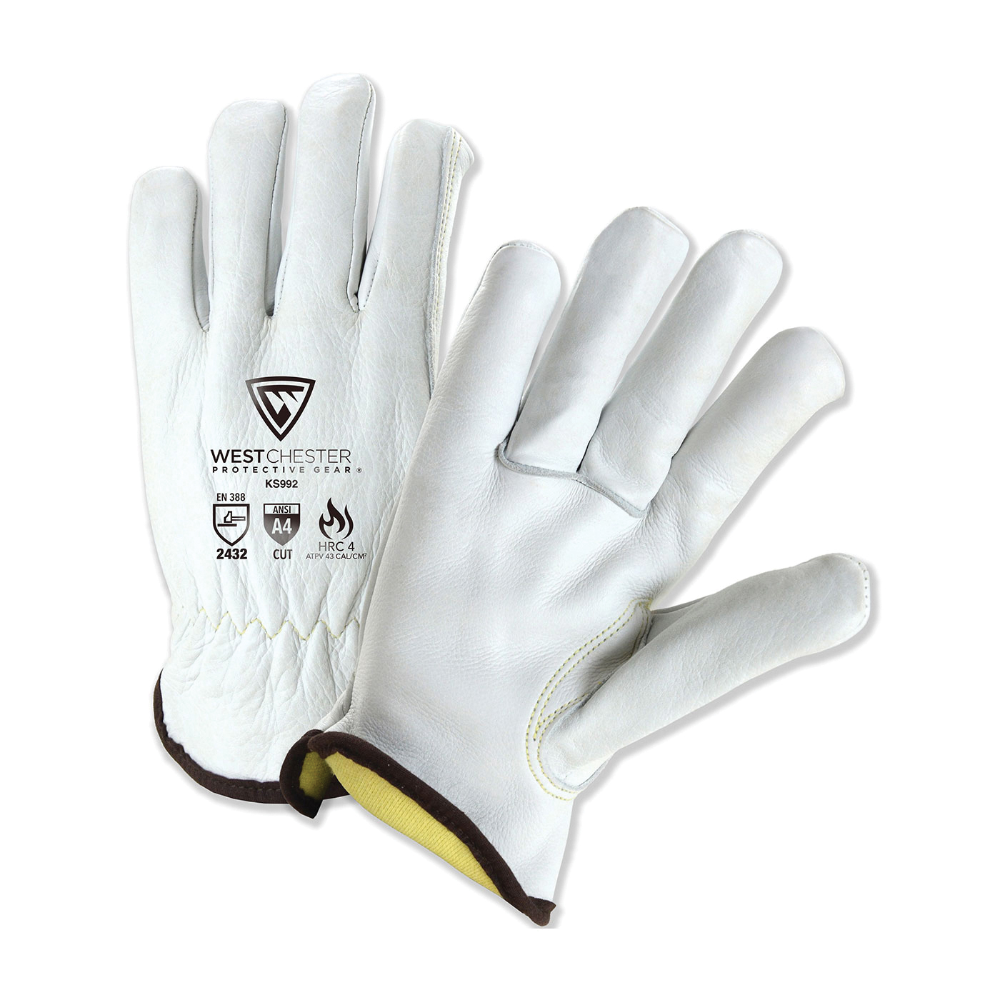 PIP® KS992K/L Goat Driver Cut Resistant Gloves, L, Cow Grain Leather, Elastic Wrist/Slip-On Cuff, Resists: Cut and Flame, ANSI Cut-Resistance Level: A4, ANSI Puncture-Resistance Level: 3