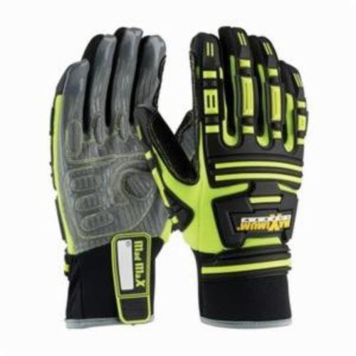 PIP® Roustabout™ 120-5200 High Performance General Purpose Gloves, Leather Palm, Synthetic Leather Palm, Synthetic Leather/Spandex®, Black/Hi-Viz Yellow, Slip-On Cuff, Resists: Abrasion, Cut, Puncture and Tear, Molded Finger and Thumb
