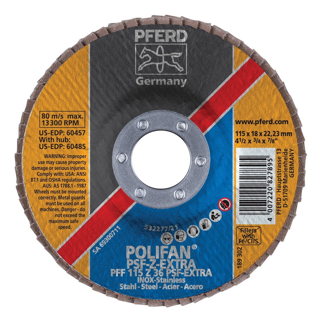 PFERD Polifan® 60457 Universal Line PSF Z-EXTRA Unthreaded Coated Abrasive Flap Disc, 4-1/2 in Dia, 7/8 in Center Hole, 36 Grit, Zirconia Alumina Abrasive, Type 27 Flat Disc
