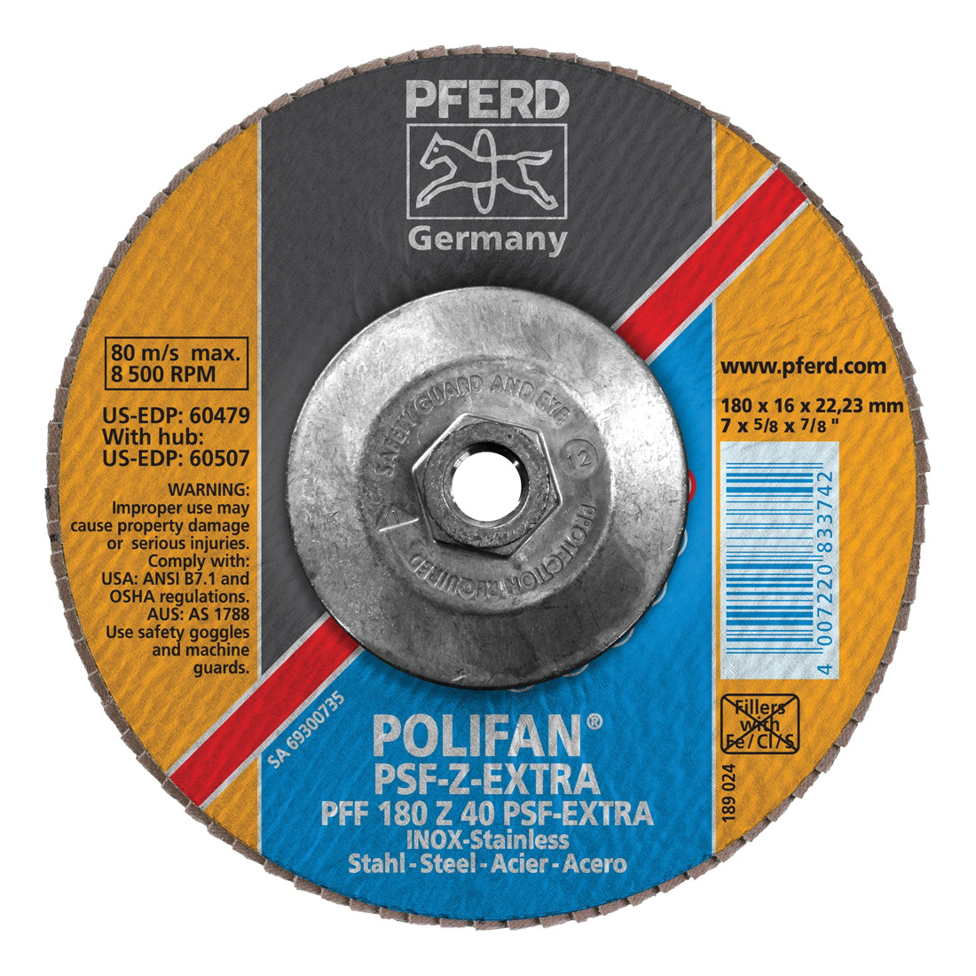 PFERD Polifan® 60507 Universal Line PSF Z-EXTRA Threaded Coated Abrasive Flap Disc, 7 in Dia, 40 Grit, Zirconia Alumina Abrasive, Type 27 Flat Disc
