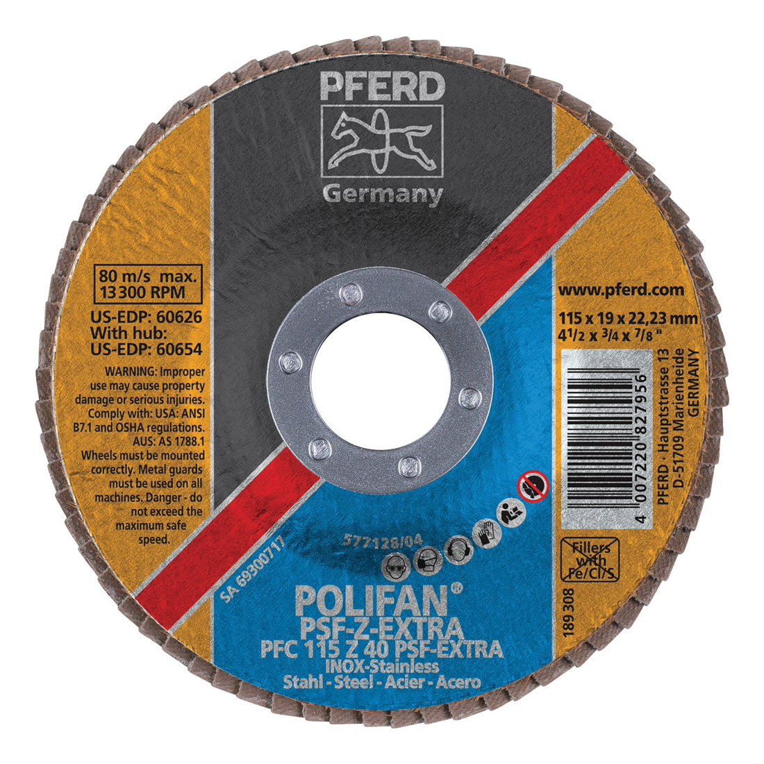 PFERD Polifan® 60626 Universal Line PSF Z-EXTRA Unthreaded Coated Abrasive Flap Disc, 4-1/2 in Dia, 7/8 in Center Hole, 40 Grit, Zirconia Alumina Abrasive, Type 29 Conical Disc