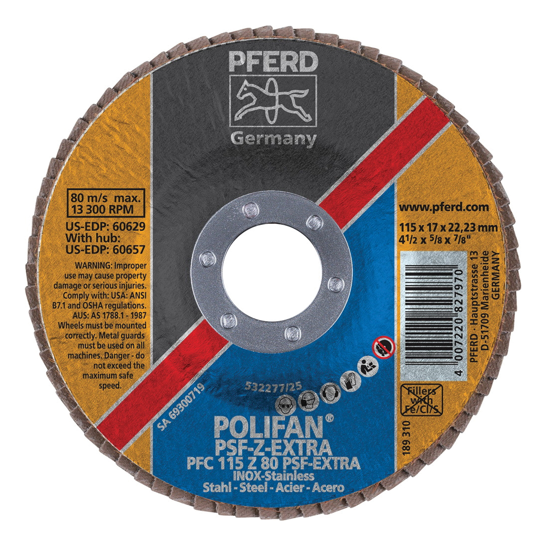 PFERD Polifan® 60629 Universal Line PSF Z-EXTRA Unthreaded Coated Abrasive Flap Disc, 4-1/2 in Dia, 7/8 in Center Hole, 80 Grit, Zirconia Alumina Abrasive, Type 29 Conical Disc