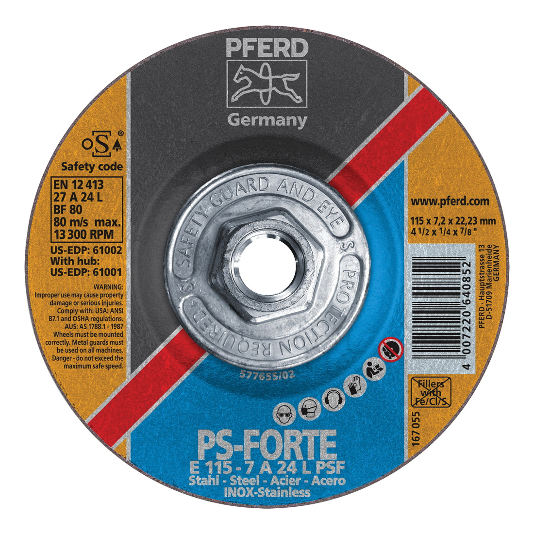 PFERD Universal Line PS-FORTE 61001 Depressed Center Wheel, 4-1/2 in Dia x 1/4 in THK, 24 Grit, Aluminum Oxide Abrasive